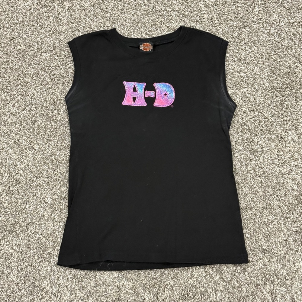 VTG 90s Harley-Davidson Womens Black Sleeveless Top Glitter H-D Logo Size L